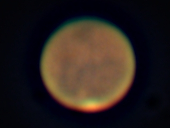 Mars am 31. Juli 2018, 01:35 MESZ. Aufgenommen am Grossen Refraktor der Kuffner Sternwarte, wenige Stunden vor der Erdnähe. Foto: Günther Wuchterl