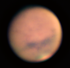 Mars am 22. August 2018, um 23:45 MESZ. Aufgenommen mit dem Großen Refraktor, der Skyris 618M und einer 2x Barlow Linse. Foto: Matthias Rosezky