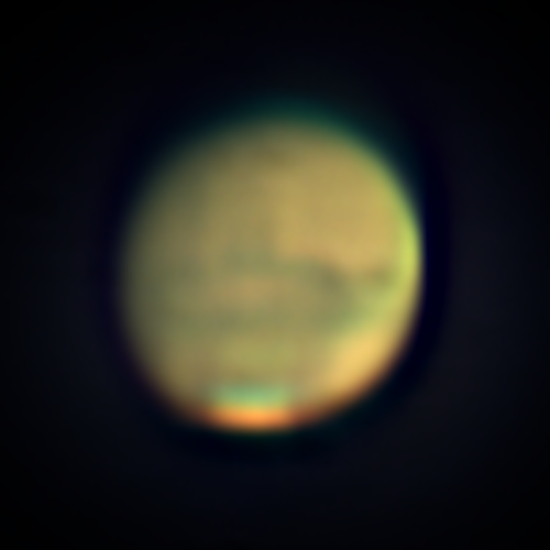 Mars am 27. August 2018, um 22:30 MESZ. Aufgenommen mit dem Großen Refraktor, einer 2x Barlow und der ASI 224MC. Foto: Matthias Rosezky