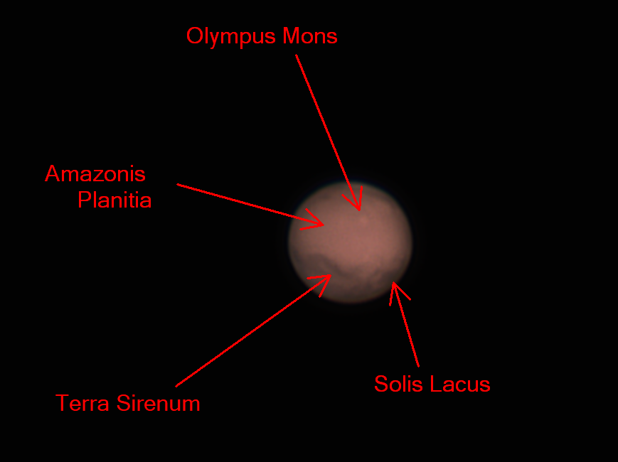 Markierung auffälliger Regionen auf Mars nahe seiner Opposition 2022
			markiert auf obiger Aufnahme vom 7. Dezember um 22:16 MEZ.
