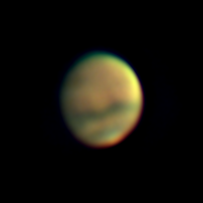 Mars am 21. September 2018, um 20:15 MESZ. Aufgenommen mit dem Großen Refraktor, einer 2x Barlow und der ASI 224MC. Foto: Matthias Rosezky