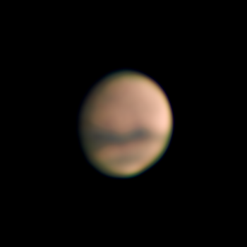 Mars am 21. September 2018, um 20:15 MESZ. Aufgenommen mit dem Großen Refraktor, einer 2x Barlow und der Skyris 618M. Foto: Matthias Rosezky