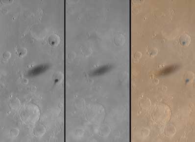Auf allen drei Bildern ist der längliche Schatten von Phobos westlich von Xanthe Terra zu erkennen. 