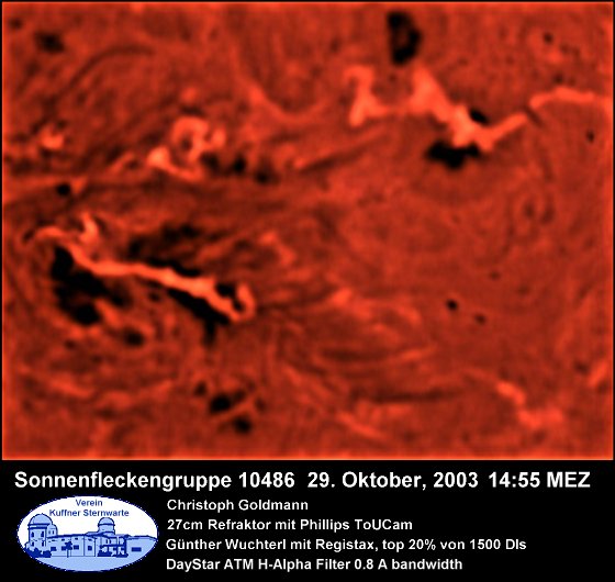Sonnenfleck 486 am 29. Oktober 2003 um 14h55 am Grossen Refraktor der Kuffner-Sternwarte 