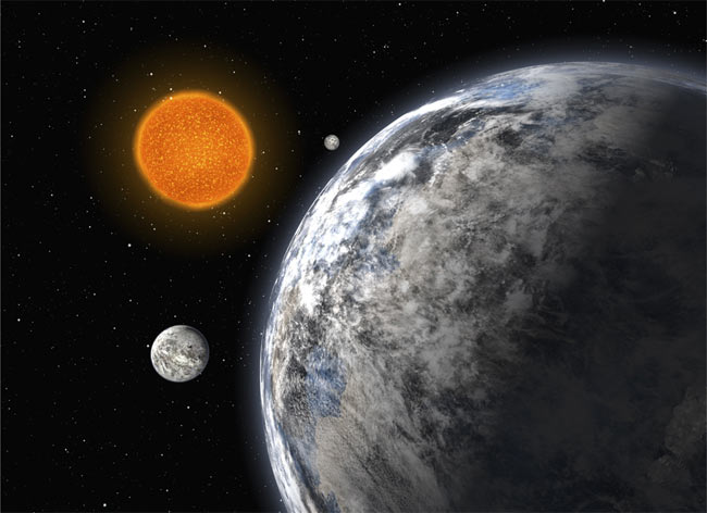 Künstlerische Darstellung eines sonnenähnlichen Sterns der von drei Super-Erden umkreist wird 