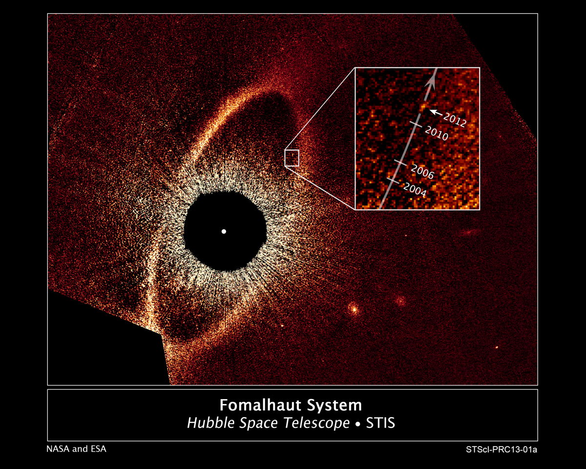 Das Falschfarben-Komposit-Bild, aufgenommen mit dem Hubble Space Telescope, zeigt die Bahnbewegung von Fomalhaut b.