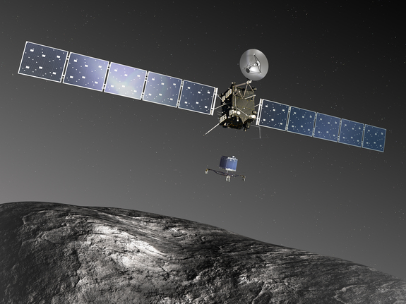 Künstlerische Darstellung der Raumsonde Rosetta, die gerade den Lander Philae auf der Oberfläche des Kometen 67P/Churyumov-Gerasimenko absetzt