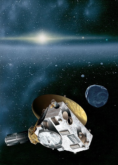 Künstlerische Darstellung der Raumsonde New Horizons und eines Eiszwerges aus dem Kuiper-Gürtel.
