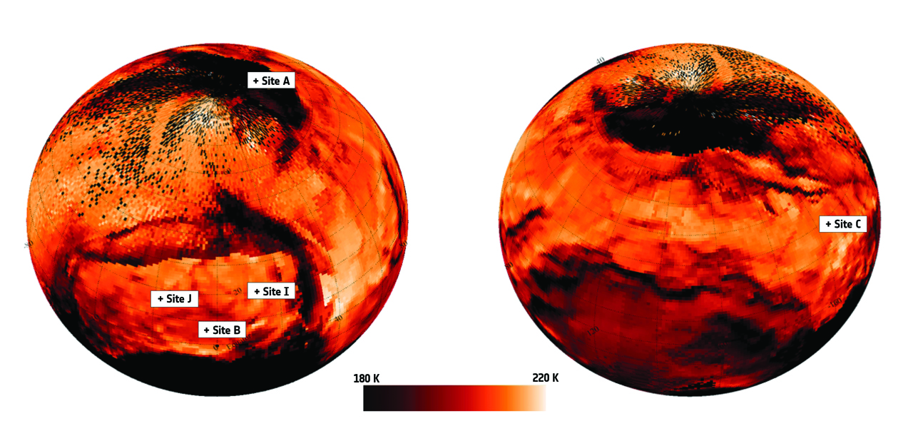 VIRTIS Temperaturkarte. Oberflächentemperatur auf Komet 67P/Churyumov-Gerasimenko.