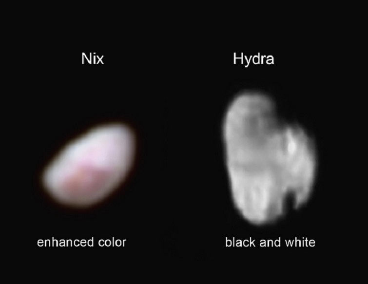 Neue Ansichten von Nix und Hydra, zwei von Plutos vier Mini-Monden. Sie zeigen die kleinen Welten erstmals im Detail. Das Farbbild von Nix stammt von den Daten des RALPH-Instruments und wurde am 14. Juli aus einer Entfernung von etwa 163 000 km aufgenommen. Vom LORRI-Instrument, das eine höhere Auflösung hat, stammt das Schwarz-Weiß-Bild von Hydra, das auch am 14. Juli aufgenommen wurde, aber aus einer Entfernung von 228 000 km.
