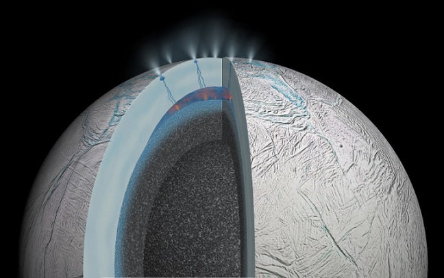 Diese künstlerische Darstellung gibt den Aufbau des Saturnmondes Enceladus wieder und zeigt, wie die hydrothermale Aktivität auf und unter dem Meeresboden des Mondes stattfinden könnte.