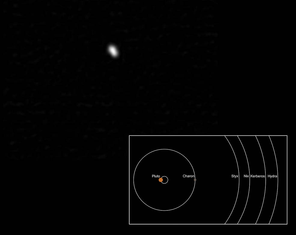 Die Bilder zu diesem Kompositbild von Plutos kleinstem Mond Styx wurden mit LORRI am 13. Juli 2015 (UTC) aus einer Entfernung von 631 000 Kilometer aufgenommen. Das Bild zeigt ein längliches Objekt von etwa 7 km Länge und 5 km Breite. Styx ist der innerste und kleinste der vier kleinen Plutomonde.
Zum Vergleich sind die Bahnen aller Plutomonde eingezeichnet.