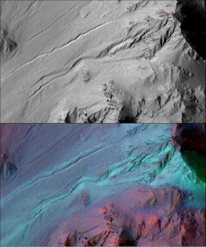 Oben: Eine Region auf dem Mars, die von der HIRISE-Kamera an Bord vom Mars Reconnaissance Orbiter aufgenommene wurde. Die Landschaft zeigt eine Reihe von Gullys. Unten: Das gleiche Bild überlagert vom Compact Reconnaissaince Imaging Spektrometer for Mars (CRISM)