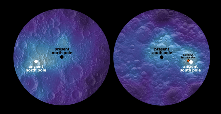 Die Karten des Mondes zeigen den polaren Wasserstoff (stellvertretend für Wassereis) Weiße Punkte markieren maximale Menge.