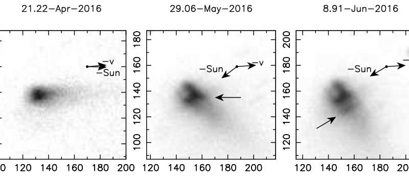 Ein Median-Bildstapel von P/2016 G1, aufgenommen vom OSIRIS-Instrument am 10,4 m GTC durch einen Sloan r'Filter an den angegebenen Tagen.