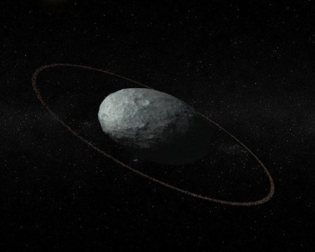 Künstlerische Darstellung von Haumea mit den korrekten Proportionen des Hauptkörpers und des Rings.