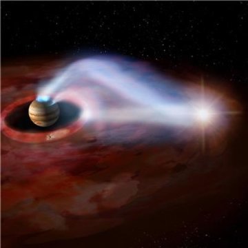 Kombinierte Beobachtungen von drei Raumsonden zeigen, dass Jupiters hellste Polarlichter die bislang aufgezeichnet wurden, sowohl durch den vulkanischen Mond Io als auch durch die Wechselwirkung mit dem Sonnenwind angetrieben werden. Künstlerische Darstellung. Bild: JAXA