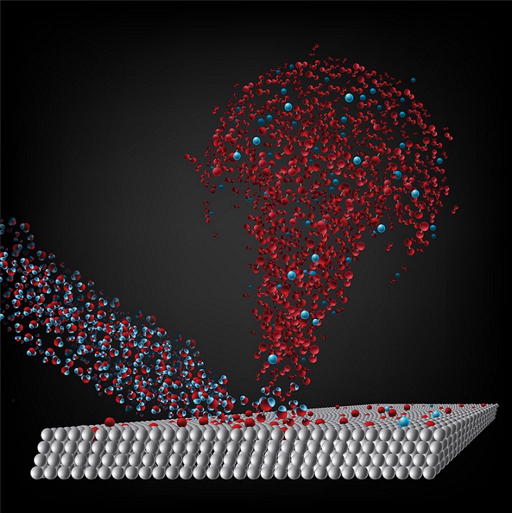 Eine Visualisierung von Hochgeschwindigkeits-Wassermolekülen, die auf oxidierte Silizium- und Eisenoberflächen aufschlagen.