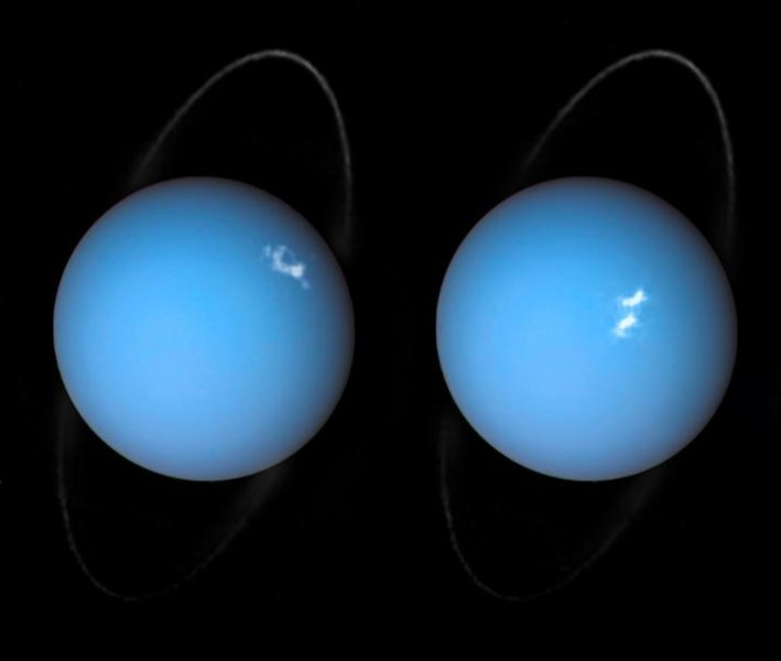 Dies ist ein Kompositbild des Uranus von Voyager 2 und von zwei verschiedenen Beobachtungen des Hubble Space Telescopes – eines für den Ring und eines für die Polarlichter. Bild: ESA/Hubble & NASA, L. Lamy/Observatoire de Paris.
