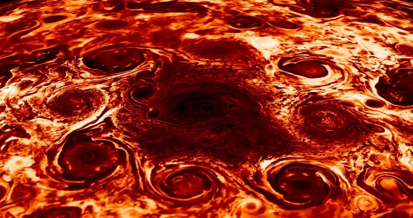 Acht gewaltige Stürme bilden ein Achteck um einen Sturm im Zentrum an Jupiters Südpol. Bild: NASA/JPL-Caltech/SwRI/ASI/INAF/JIRAM