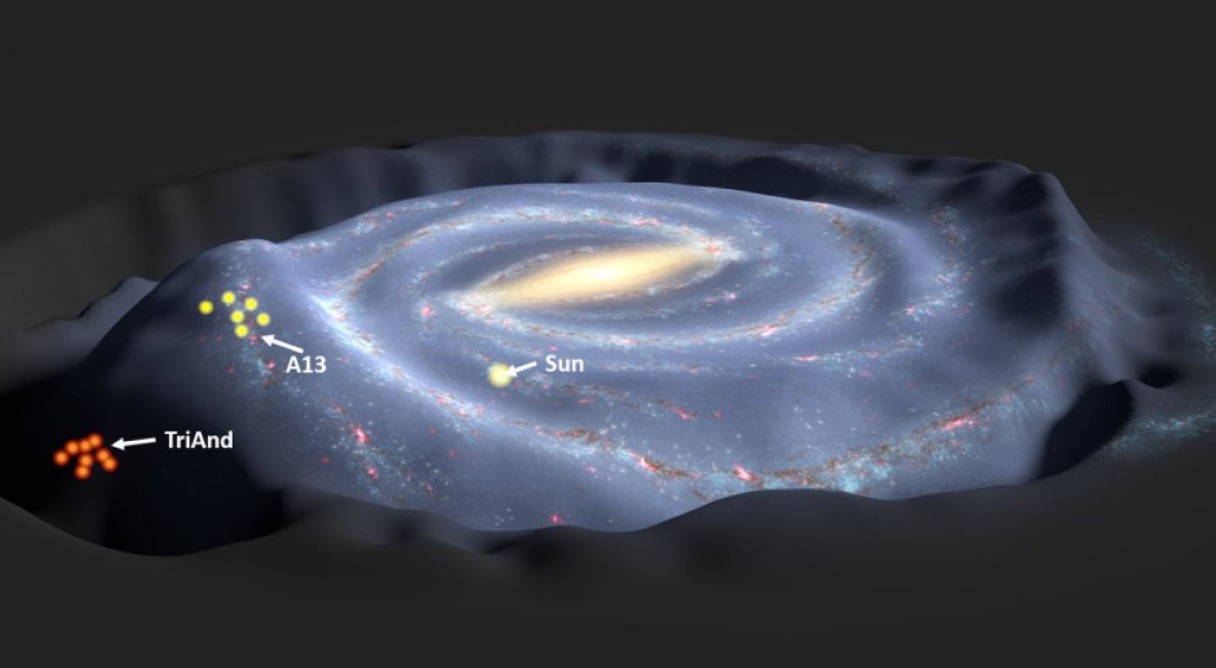 Darstellung einer N-body-Simulation der Milchstraßenscheibe, gestört durch die Gezeitenwechselwirkung mit einer Zwerggalaxie. Bild: T.Mueller/NASA/JPL-Caltech