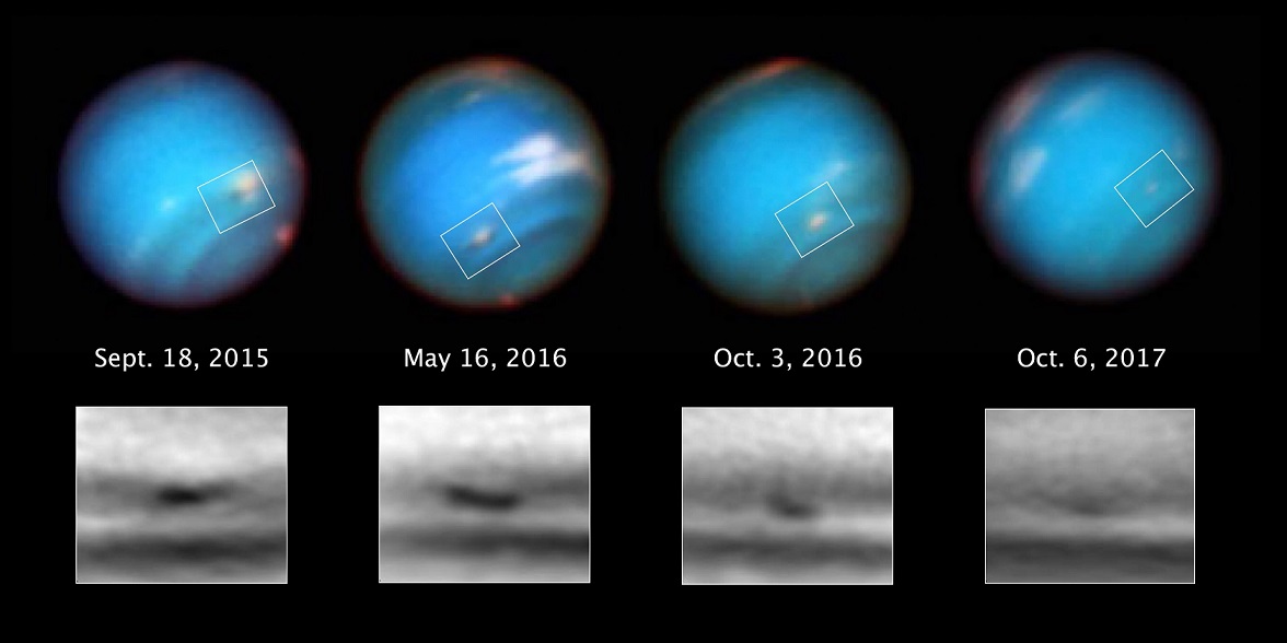 Das Hubble Weltraumteleskop nahm diese Bilderserie von Neptun über einen Zeitraum von zwei Jahren auf. Bild: NASA, ESA, and M.H. Wong and A.I. Hsu (UC Berkeley)