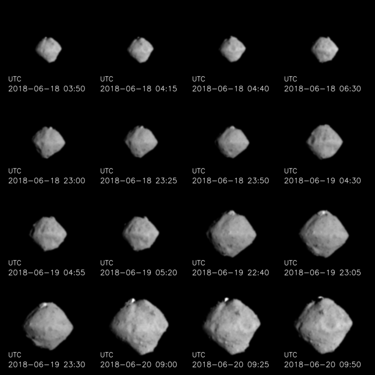 Diese Ansichten des Asteroiden Ryugu wurden vom 18. Juni bis zum 20 Juni von der Navigationskamera an Bord von Hayabusa2 aufgenommen. Bild:  JJAXA, Universität Tokio, Koichi Universität, Rikkyo Universität, Nagoya Universität, Chiba Institut für Technologie, Meiji Universität, Universität von Aizu und AIST