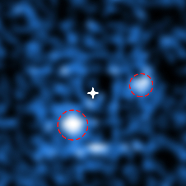 Links unten der Planet PDS 70 b und rechts oben PDS 70 c. Bild: ESO and S. Haffert (Leiden Observatory)