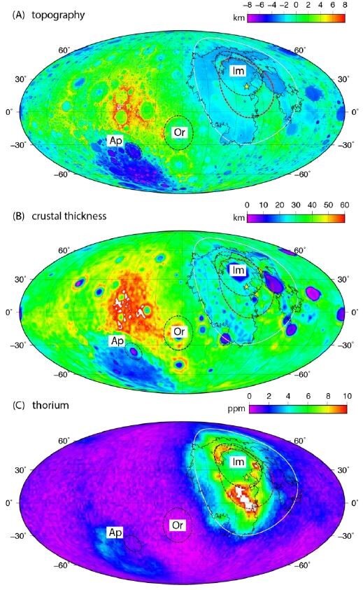 Die Topographie (A) Krustenstärke (B) und Thorium-Verteilung auf dem Mond zeigt eine dramatische Differenz zwischen der Vorderseite und der Rückseite des Mondes. Bild: JGR: Planets/Zhu et al. 2019/AGU