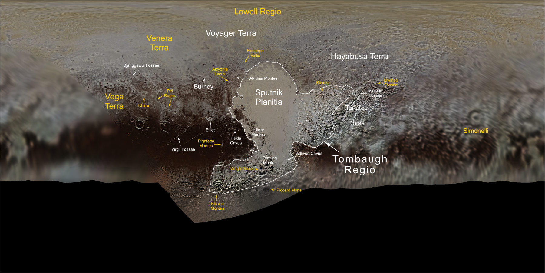 Pluto-Karte. Die neuen Namen sind in gelb dargestellt. Credit: NASA/JHUAPL/SwRI/Ross Beyer