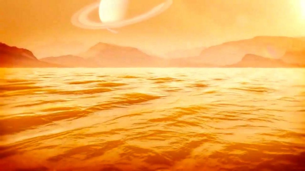 Künstlerische Darstellung eines Meeres auf dem Saturnmond Titan. Credit: NASA/John Glenn Research Center.