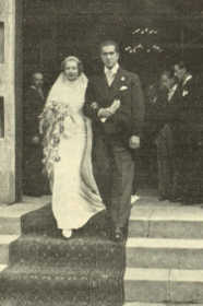 Conte Don Mario Giovanni und Contessa Marisa Gaetani dell'Aquila d'Arigona bei ihrer Hochzeit am 28. 11. 1936 in Triest. Marisa, geb. Maria Luisa Arnstein (1919-1998) war eine UrUr-Enkelin von Karoline Kuffner-Ernst.