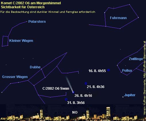 Suchkarte gültig für Österreich für die Morgensichtbarkeit des Kometen 2002 O6 (Swan).