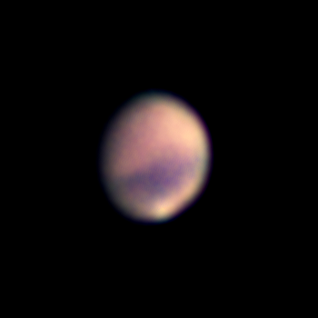 Mars am 29. September 2018, um 20:10 MESZ. Aufgenommen mit dem Großen Refraktor, einer 2x Barlow und der Skyris 618M. Foto: Matthias Rosezky