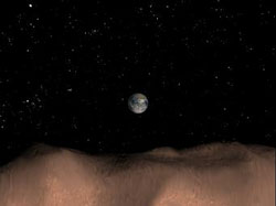 Dieses computergenerierte Bild zeigt einen Blick auf die Erde von der Oberfläche des Erdkreuzers Toutatis 