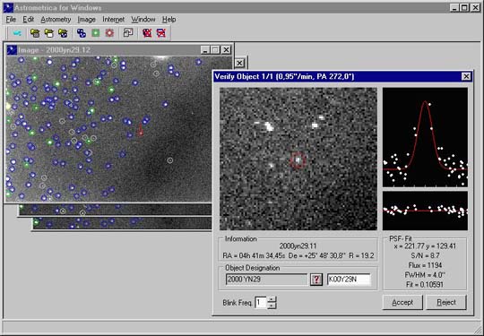 Das Bild zeigt die Vermessung der Aufnahmen von 2000 YN29