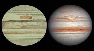 Vergleich von Größe und Farbe des GRF Jupiters über einem Zeitraum von 120 Jahren