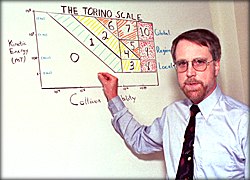 Professor Binzel bei der grafischen Darstellung seiner Turiner Skala.