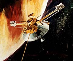 Künstlerische Darstellung des Vorbeifluges von Pioneer 10 an Jupiter