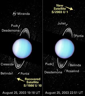 Der Pfeil im rechten Bild zeigt auf einen der beiden neuentdeckten Monde, der die vorläufige Bezeichnung S/2003 U 1 bekam. 
