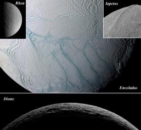 Eine Fotomontage aus den vier Saturnsatelliten Rhea, Dione, Japetus und Enceladus.