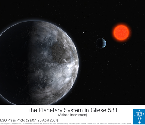 Künstlerische Darstellung des Planetensystems um den Stern Gliese 581.