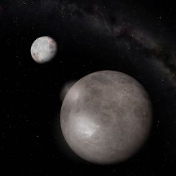 Künstlerische Darstellung von Plutomond Charon mit Pluto im Hintergrund