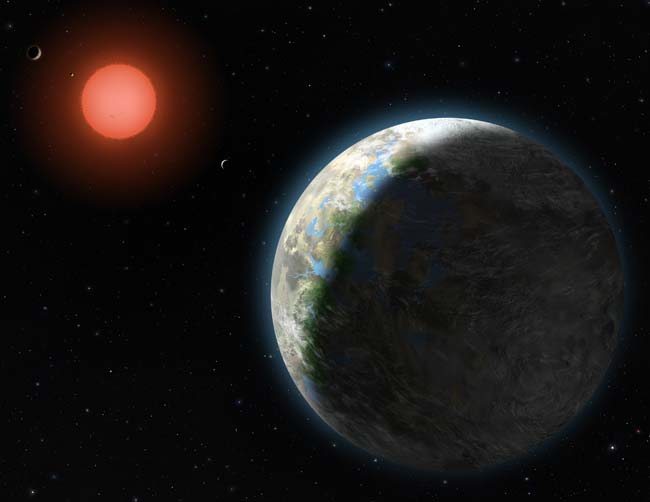 Diese künstlerische Darstellung zeigt den roten Zwergstern Gliese 581 und seine vier innersten Planeten.