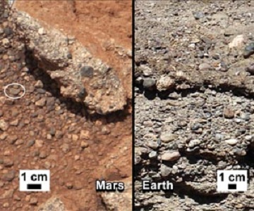 Die beiden Bilder zum Vergleich. Links das Gesteins-Konglomerat vom Mars und rechts ähnliche Gesteine auf der Erde