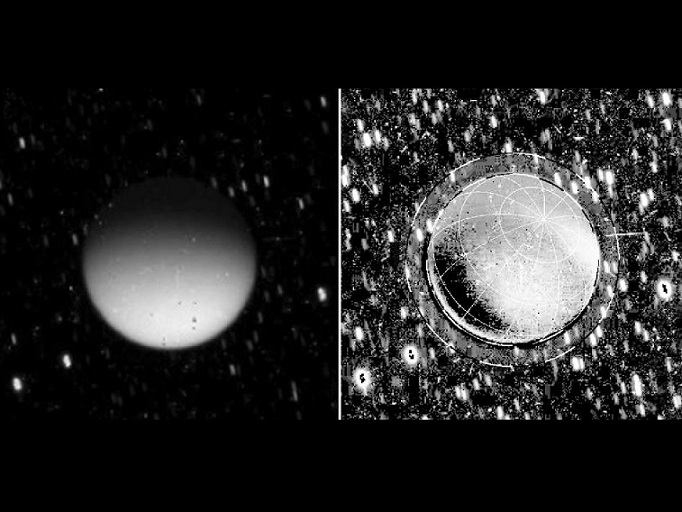 Diese Aufnahmen von der Raumsonde Cassini zeigen Saturns Mond Titan wie er im Dunklen leuchtet.