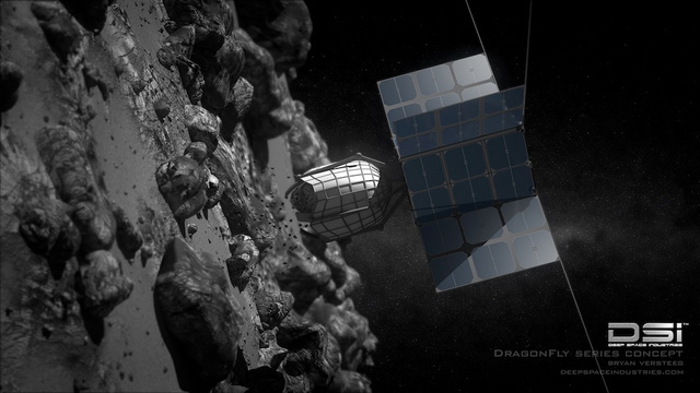 Künstlerische Darstellung eines Dragonfly bei Bergbau-Aktivitäten auf einem Asteroiden.