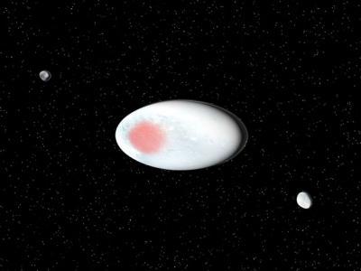 Künstlerische Darstellung von Haumea und ihren Monden