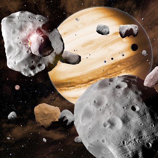 Künstlerische Darstellung von Asteroiden, die durch Jupiters Migration zum Spielball wurden.