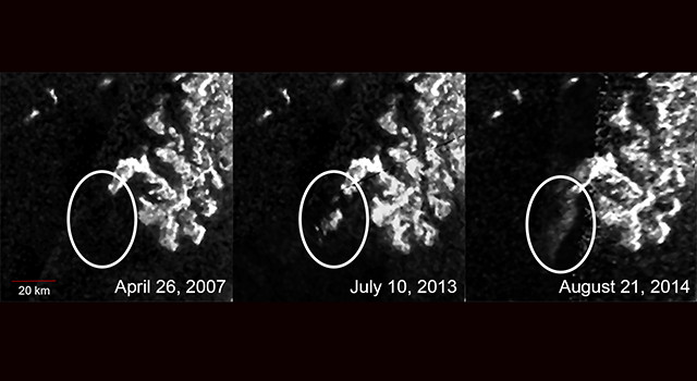 Geheimnisvolle Formation im Ligeia Mare, einer der größten Kohlenwasserstoffseen auf Saturns Mond Titan.